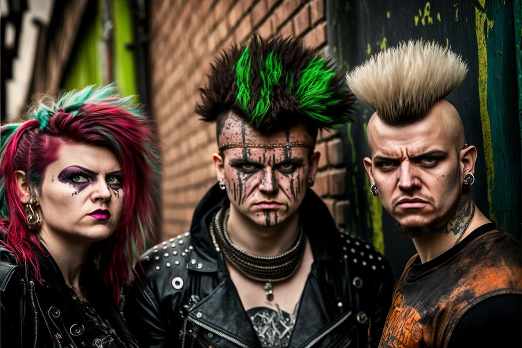 Prompt: A close-up centered photography of a group apocalyptic punk rockers with colored spikes hair, dressed in old leather clothes, wearing an old ripped t-shirts, hooligans zombified faces, Scars, terrifying, asocial, aggressive, in the background a wet brick wall with graffiti, photography, cannon 50mm