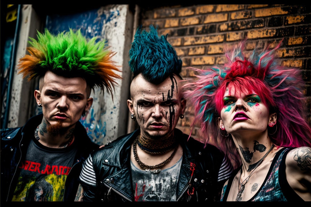 Prompt: A close-up centered photography of a group apocalyptic punk rockers with colored spikes hair, dressed in old leather clothes, wearing old ripped t-shirts, hooligans, zombified faces, Scars, terrifying, brutal, asocial, aggressive, in the background a wet brick wall with graffiti, photography, dark mood, rainy, cannon 50mm, ultra-realistic, intricate details, washed out colors