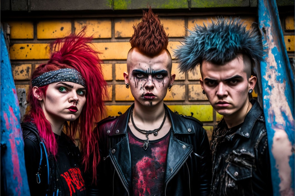 Prompt: A close-up centered photography of a group apocalyptic punk rockers with colored spikes hair, dressed in old leather clothes, wearing old ripped t-shirts, hooligans, zombified faces, Scars, terrifying, brutal, asocial, aggressive, in the background a wet brick wall with graffiti, photography, dark mood, rainy, cannon 50mm, ultra-realistic, intricate details, washed out colors