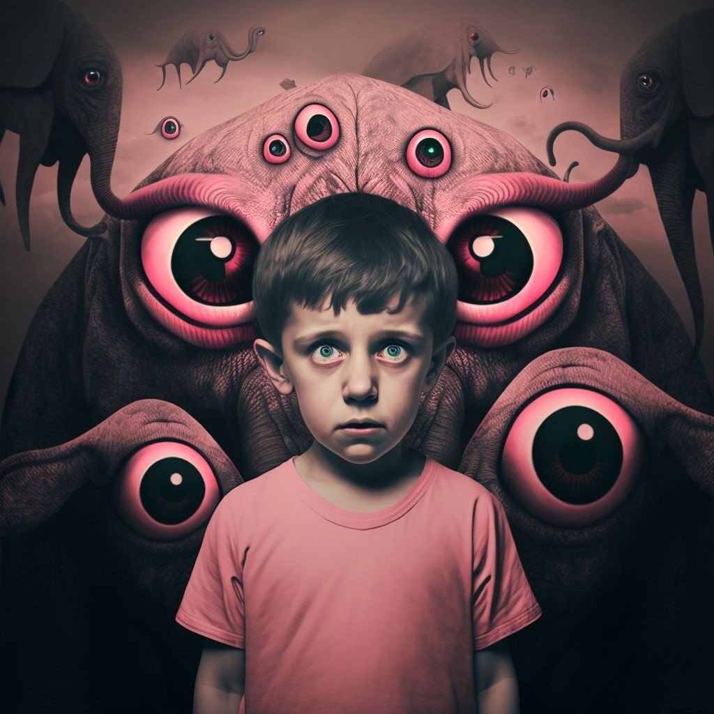 Prompt: portrait of scared boy with huge alien black eyes, pink elephants flying in the background