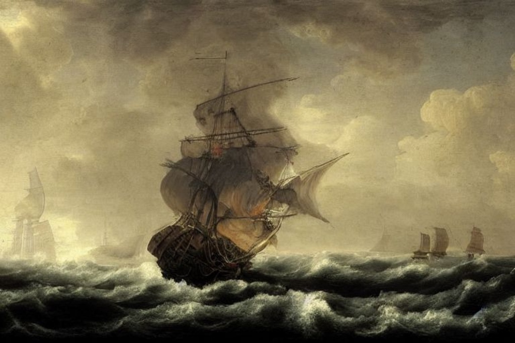 Prompt: pirate ship with black sails, stormy sea, high waves, water splashing; , Laurent Grasso Steps: 42, Sampler: Heun, CFG scale: 7, Seed: 1287371080, Size: 768x512, Model hash: 81761151