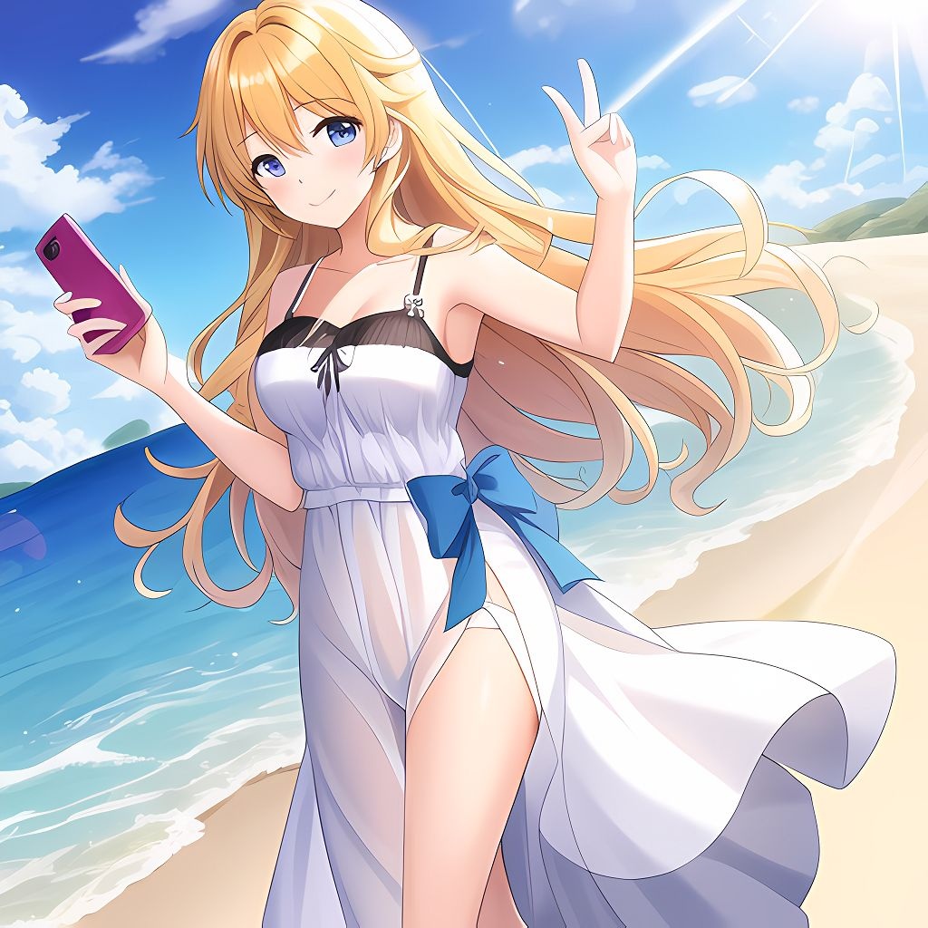 Prompt: A teenage girl with bright cheerful features and long curly blonde hair stands in front of a beautiful landscape, ((wide smile on her face and is holding her phone out at arm's length taking a selfie)), (wearing a flowing sundress and a pair of sandals), she looks happy and carefree, In the background, the sun is setting over a picturesque ocean view casting a warm golden glow over the scene, 