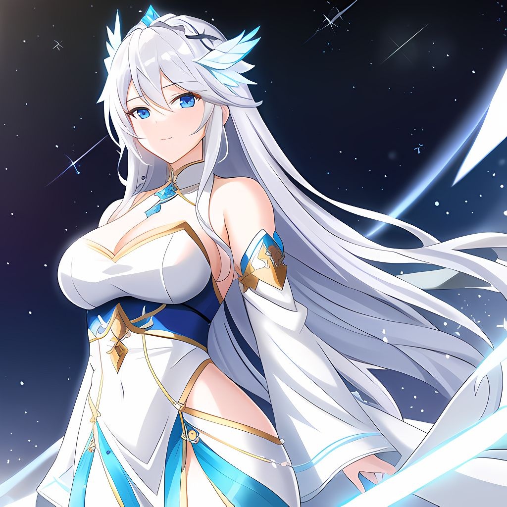 Prompt: A young woman with ethereal beauty and long flowing silver hair stands on the edge of a cliff overlooking a majestic snow-capped mountain range, piercing ice-blue eyes and a look of otherworldly wisdom on her face, (wearing a flowing white gown that seems to shimmer and glow as if made of starlight itself), she looks powerful and majestic as if she is a goddess of the mountains, 