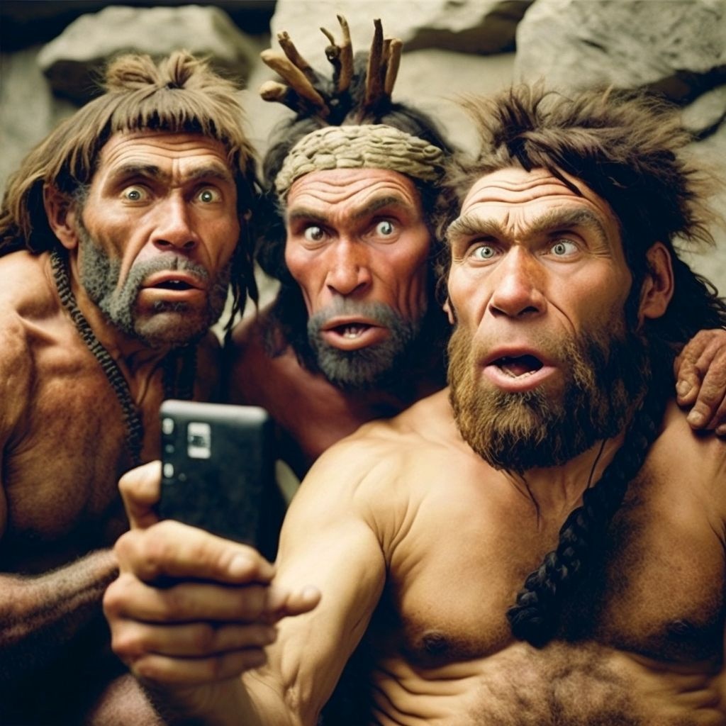 Prompt: neanderthals taking a selfie