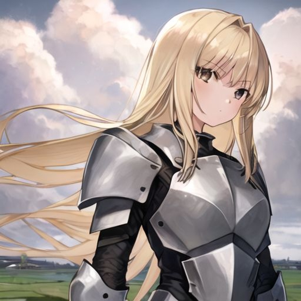 Prompt: 1girl, agrias_oaks, armor, bangs, blonde_hair, brown_eyes, cloud, cloudy_sky, long_hair, looking_at_viewer, sidelocks, solo, upper_body