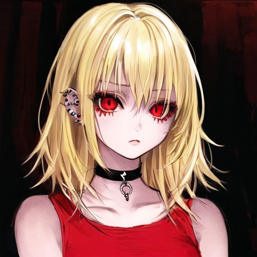 Prompt: kentaro_miura,1girl, punk style, blonde hair, piercing, choker, red eyes, punk clothes, (portrait), ((dark_atmosphere))