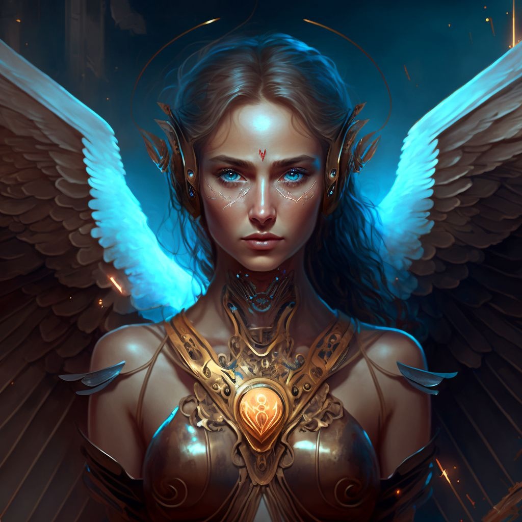 Prompt: an image of a woman with angel wings, cyberpunk art, by WLOP, metal and glowing eyes, in style of kyrill kotashev, finely detailed angelic face, valkyrie style character, andrei riabovitchev symmetrical, tom bagshaw and sabbas apterus, dan mumford. maya render, cupid, cyan, young goddess