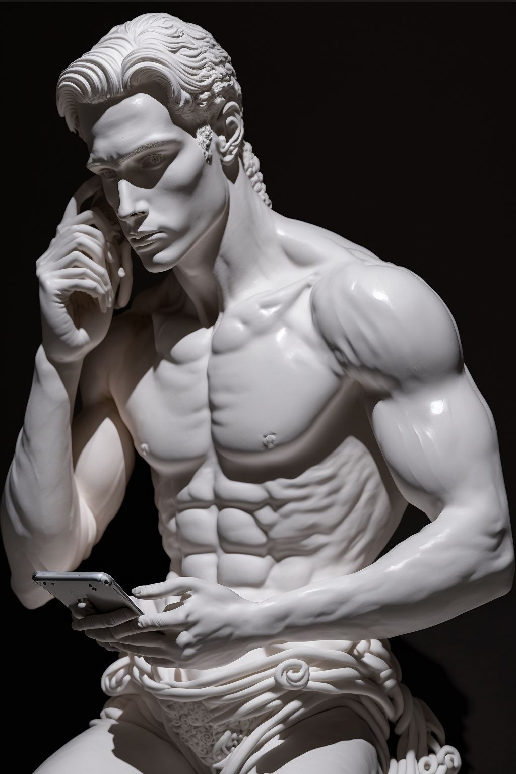 Prompt: Marble statue of a young man with a mobile phone, beautiful sculpture, intricate details, ultra-realistic, exploration, national geographic, professional lighting, studio lighting