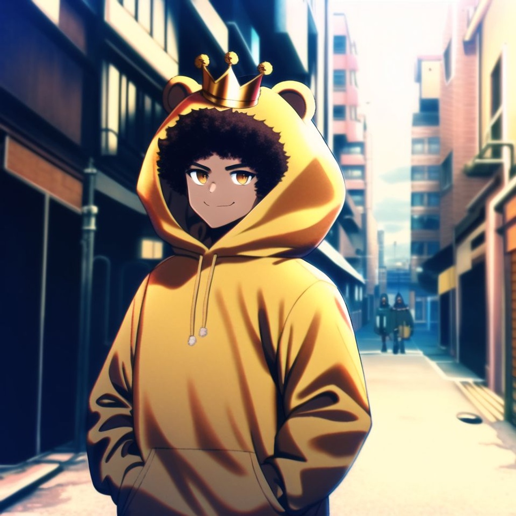 Prompt: hood up, closed mouth smile, brown skin, dark-skinned male, short curly brown hair, brown eyes, bear kigu, golden crown, standing in an alleyway, urban background, cityscape, rap cover, gritty