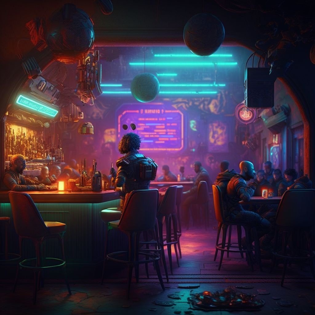 futuristic space pub with humans and aliens, multico... | OpenArt