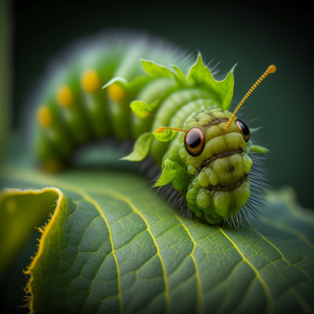 Prompt: macro shot larva eating leaf