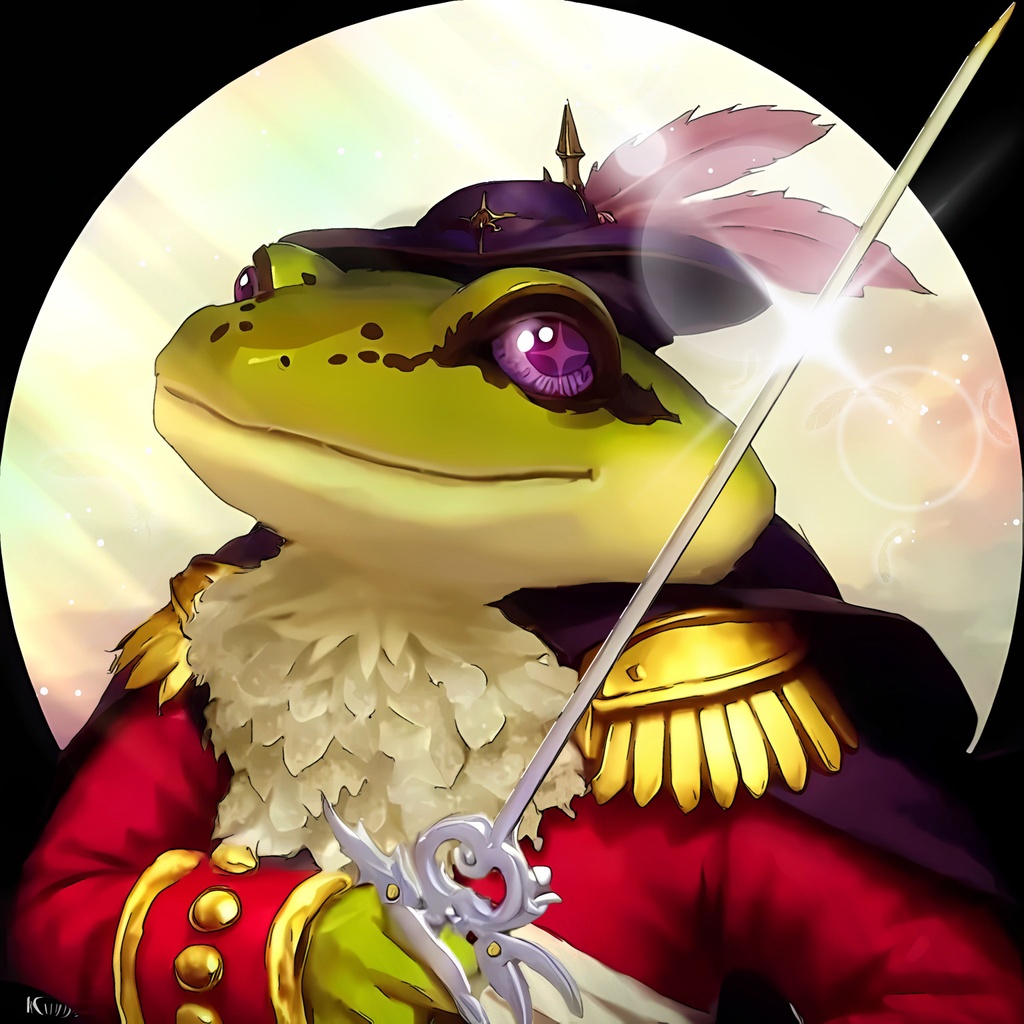 Prompt: wielding a Legendary pastel Rapier, Fairy tale frog prince, male fursona anime frog with sentimental expression and in Napoleonic military uniform, cute, chibi, in dnd character art style, warm lighting, by Ilya Kuvshinov, darkest dungeon, furry art, wlop, rossdraws, Krenz Cushart, concept art, portrait 3/4 view, d&d, dnd, dungeons and dragons,  reddit contest winner, rococo, elegant white lace neckcloth, majesty in noble clothes, [ [ hyperrealistic ] ], red tailcoat, fursona, pastel cloud background, big personality