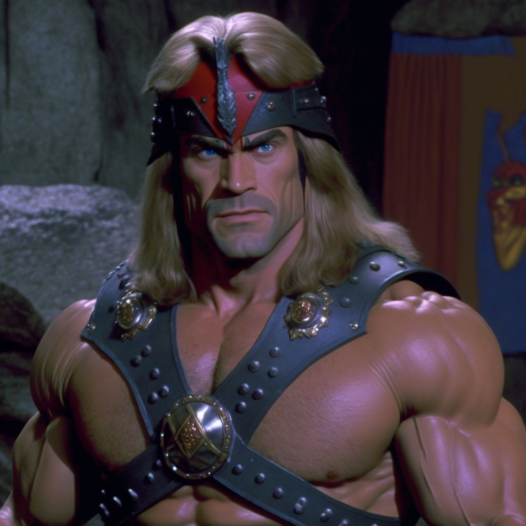 Prompt: a live-action movie screenshot of He-man, taken 1986, photorealistic 