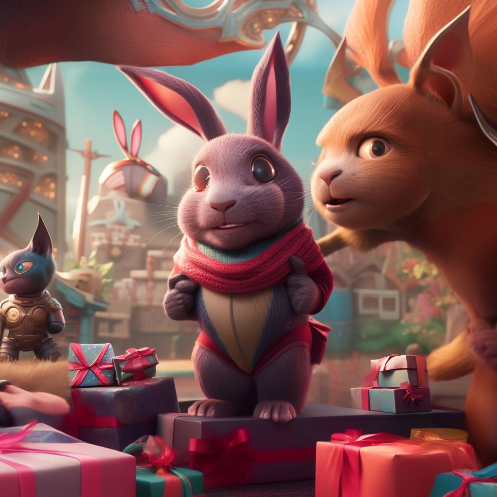 Prompt: bunny with presents, art by midjourney, CGI_Animation, vray-render, anthro