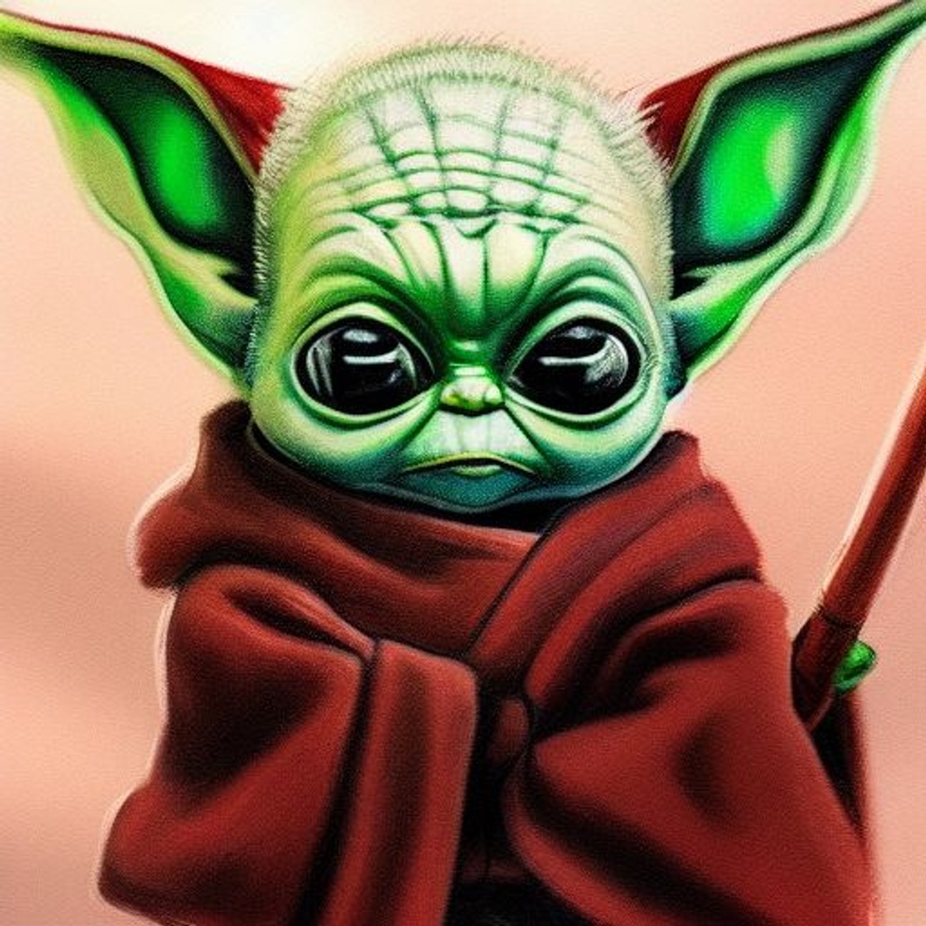 Prompt: Concept art of Baby Yoda wearing sith robes