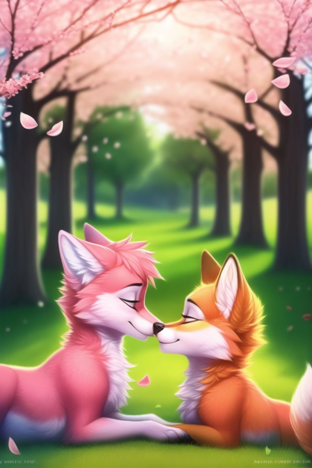 Prompt: m/f, Two foxes heads bowed, nose to nose, romantic, cherry blossoms, pink flower petals, pink fox