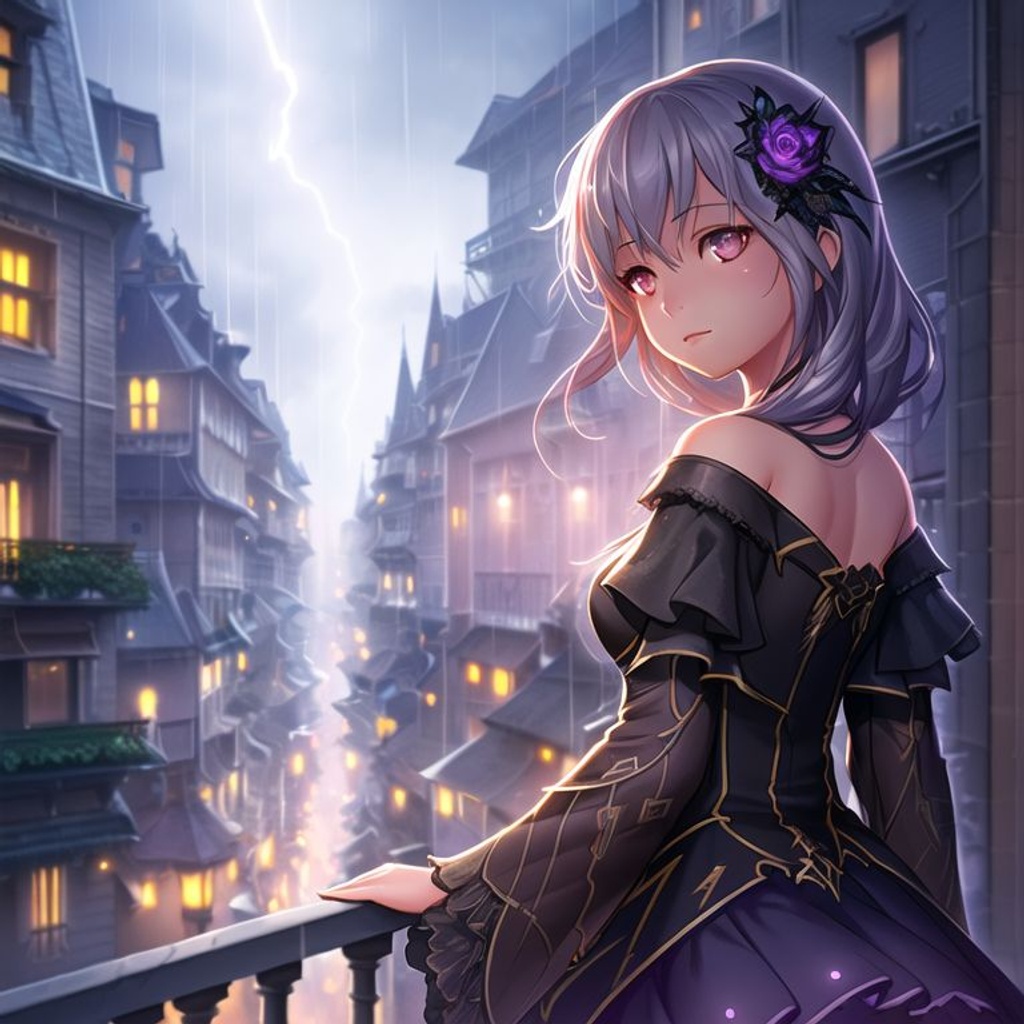 Prompt: a girl on a balcony, ((detailed face)), night, street light, raining, lightning, fascinating, fantasy digital painting, volumetric light, concept art, soft light, hdri, smooth, sharp focus, illustration, fantasy, intricate, elegant, highly detailed, matte painting,