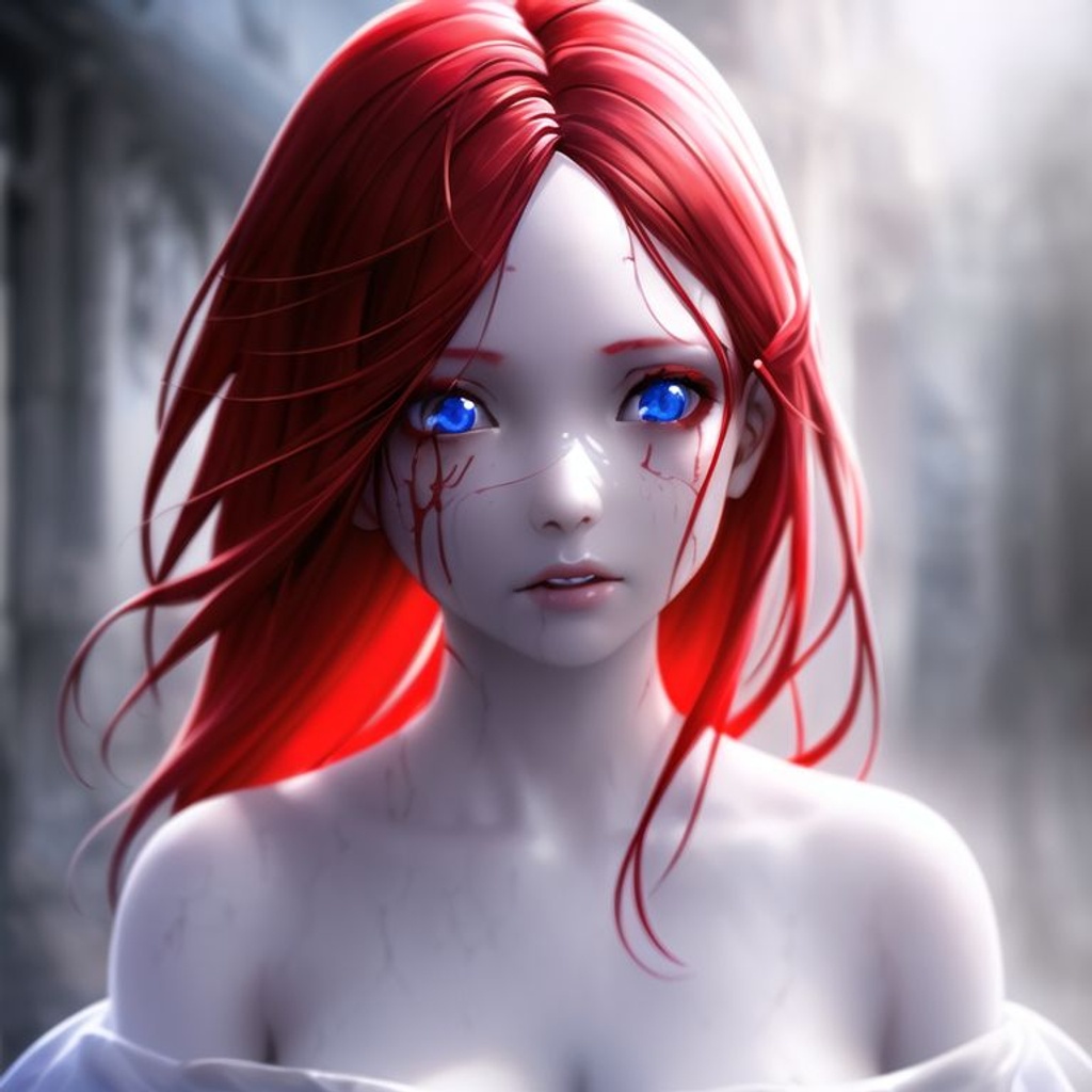 Prompt: a girl, red hair, decaying face, cold blue eyes, (detailed pale face), light dress, concept art, digital art, digital painting, soft light, volumetric light, smooth, sharp focus, illustration, highly detailed, matte painting, 4k, trending on artstation, deviantart