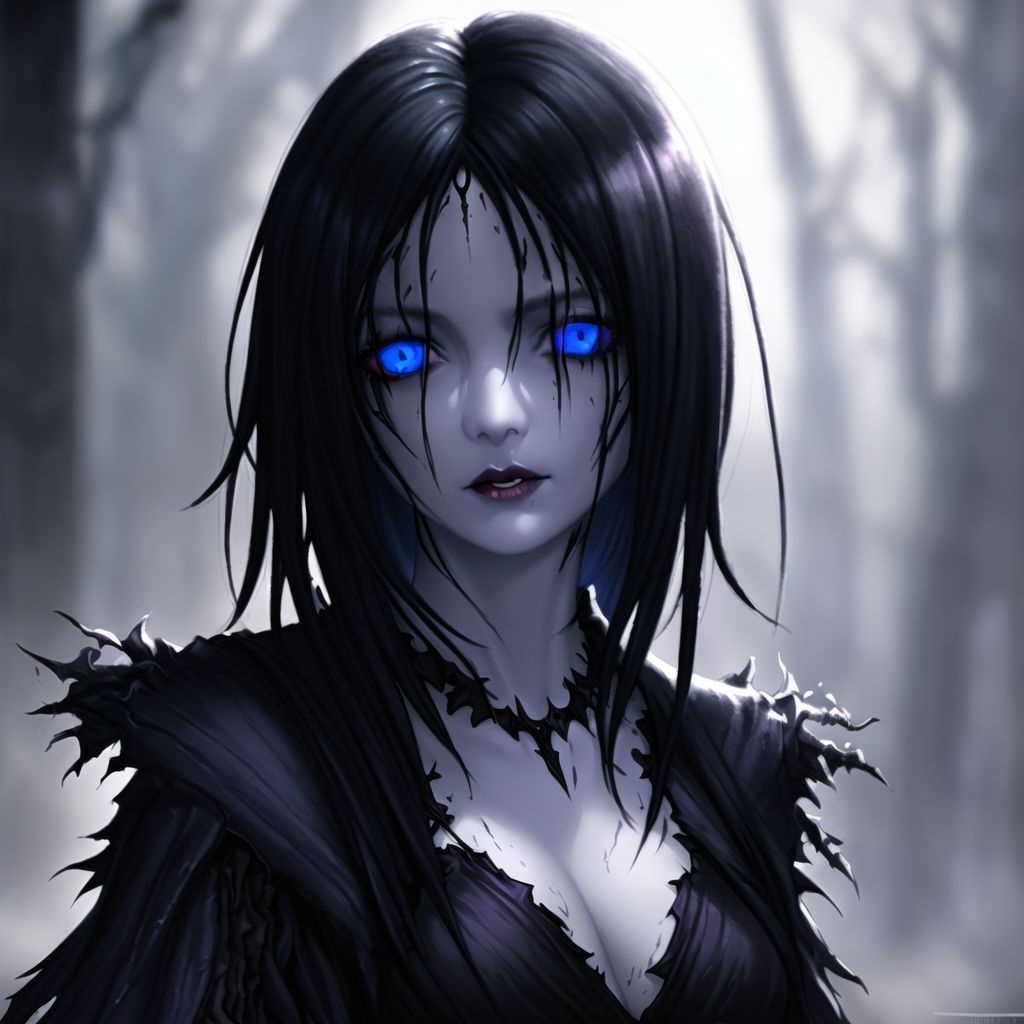 Prompt: a vampire girl, black hair, decaying face, cold blue eyes, (detailed pale face), light dress, concept art, digital art, digital painting, soft light, volumetric light, smooth, sharp focus, illustration, highly detailed, matte painting, 4k, trending on artstation, deviantart