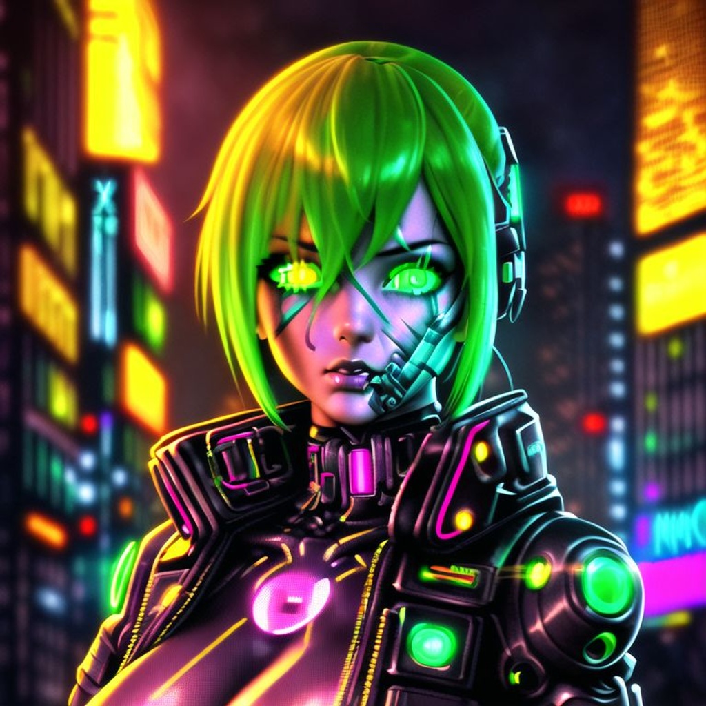 anime cyberpunk girl wearing futuristic outfit in a neon city at