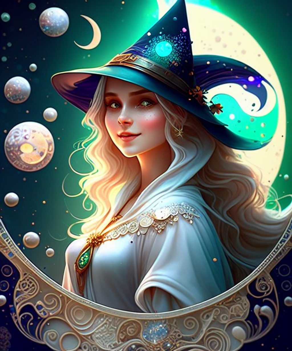 Prompt: dreamlikeart style, (emb_liquid_light:1.1), emb_concept_art, emb_doose_realistic, Symmetry!!,  (a magical witch :1.2), (pointy witch's hat:1.1), happy eyes, long white hair, rosy cheeks, smiling and mischevious, twinkling eyes, (swirling magical energy), irridescent, green and white colors plashes, flowing robes, (crescent moons and stars), hyperrealistic,  8k, 4k, award-winning, trending on artstation, daily deviation,  (ivory cameo art style:1.1), Art Nouveau art style