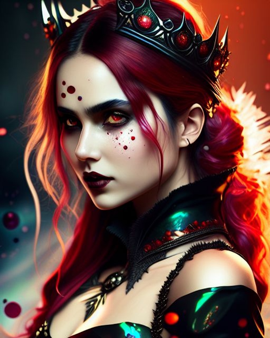 Prompt: dreamlikeart style, (emb_liquid_light:1.2), emb_doose_realistic, emb_concept_art, asymmetric, horror movie female vampire, (a vampire Warrior Queen:1.2), (spiky tarnished crown), (long iridescent black :1.1) hair, hypnotic eyes, dark and brooding, blood splatters, (ivory cameo art style:1.1), black and red colors plashes, leather armor, hyper-realistic, 8k, 4k, award-winning, Art Nouveau art style