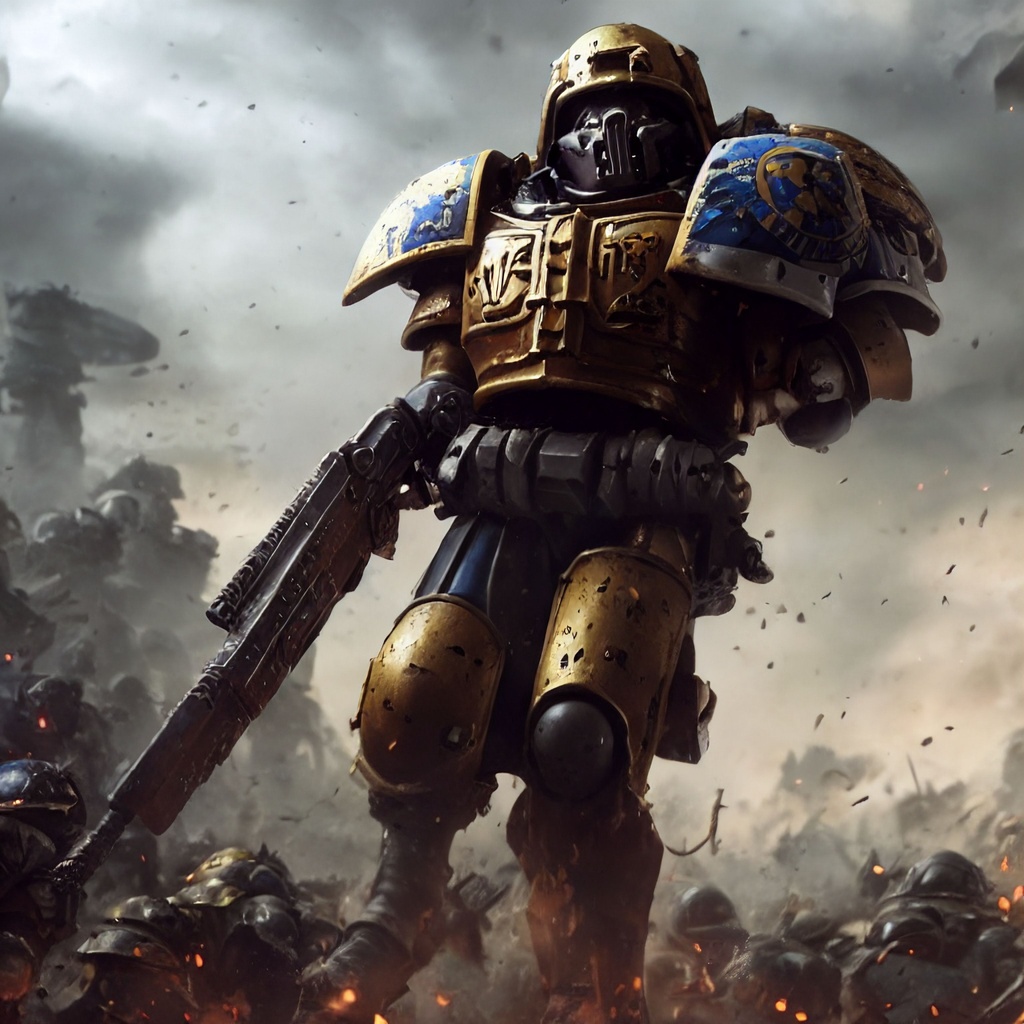 Prompt: Beautifully realistic photo of a Warhammer 40K soldier on a battlefield, realistic, hyperrealism, hyper detailed, realistic lighting, 4K, octane render, unreal engine, ray-tracing, sub-surface scattering, in-frame, Warhammer 40K, ethereal