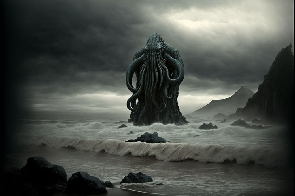 Prompt: a giant cthulhu statue standing on an empty beach, in the background black cliffs and a stormy ocean, dark mood, Photorealistic, cannon 50 mm