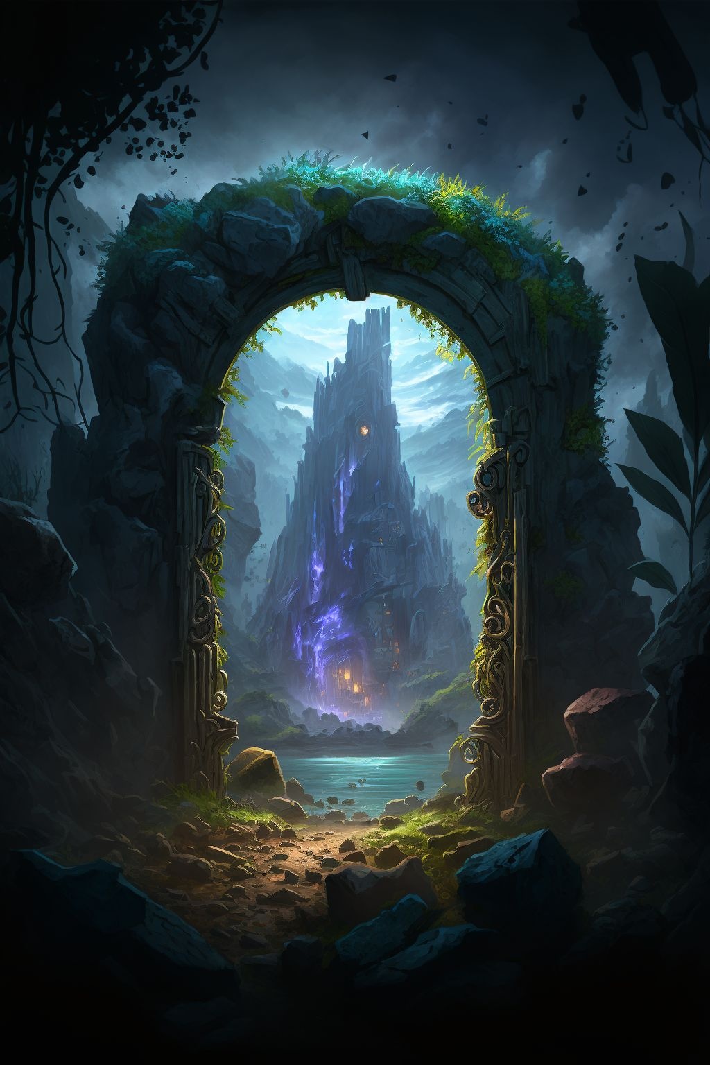 Prompt: The scene is set in a dark and mysterious place, surrounded by steep cliffs that rise up towards the sky. The cliffs are covered in jagged rocks and overgrown with dense forest, which stretches out as far as the eye can see. In the center of the scene, there is an open portal that seems to lead to another world. The portal is glowing with an otherworldly light, and the air around it is swirling with energy. When you look through the portal, you can see a strange and surreal world beyond. It is a place unlike anything you have ever seen before, with strange landscapes, bizarre creatures, and an aura of unreality that makes it feel like a dream. The portal looks like a doorway to a place beyond the boundaries of this world, and it is surrounded by an aura of mystery and wonder