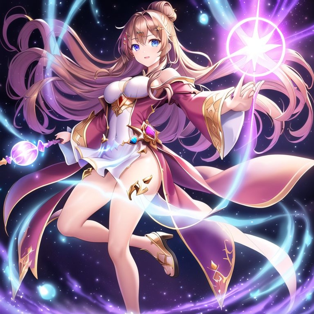 Prompt: a mage girl, casting a spell, ((robes and a staff)), warm brown eyes, (dynamic pose), (fantasy castle setting), stone walls and intricate murals, (glowing orbs containing the spell), ((long and curly hair styled in a messy bun with a glowing crystal attached to it)), focused, (((magical energy and floating objects in the background)), facing the viewer, (((detailed face))), highly detailed, digital painting, HDRI, masterpiece, smooth, sharp focus, illustration, golden ratio, full body shot