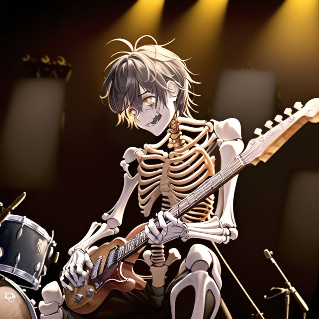 Prompt: a skeleton, playing the drums, ((tattered and torn clothing)), (dynamic pose), (rock concert setting), stage and crowd, (drum set in front of him), ((jagged and bony hands with drumsticks in them)), energetic, (((other skeleton musicians in the background)), facing the viewer, (((detailed face))), highly detailed, digital painting, HDRI, masterpiece, smooth, sharp focus, illustration, golden ratio, waist-up shot