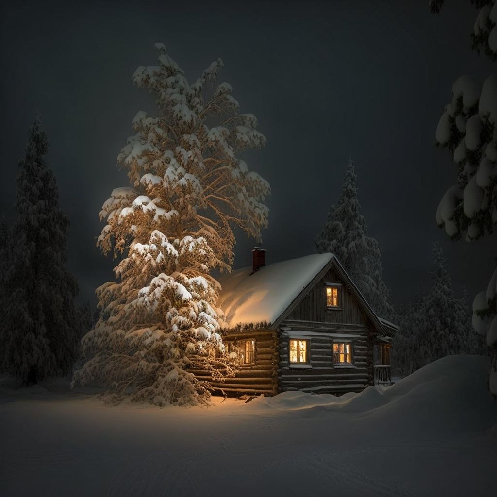 Prompt: led lite  Norway Spruce covered in snow outside a little cabin in norway 