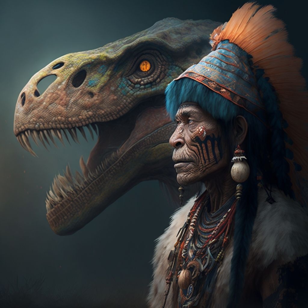 Prompt: a shaman and a T-Rex