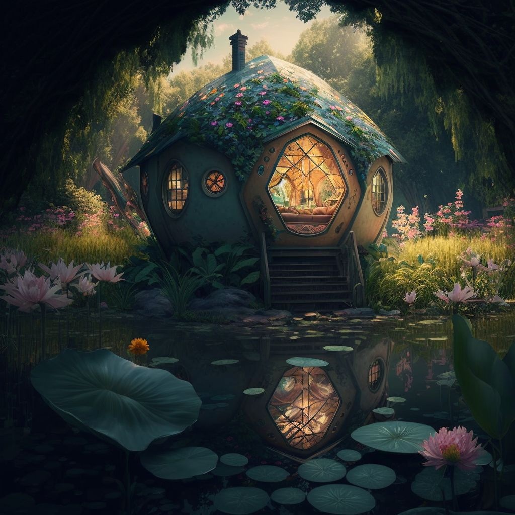 Prompt: cozy elven house in a beautiful garden with futuristic alien flowers and sparkling water in a little pond, daylight, sunny, digital art.