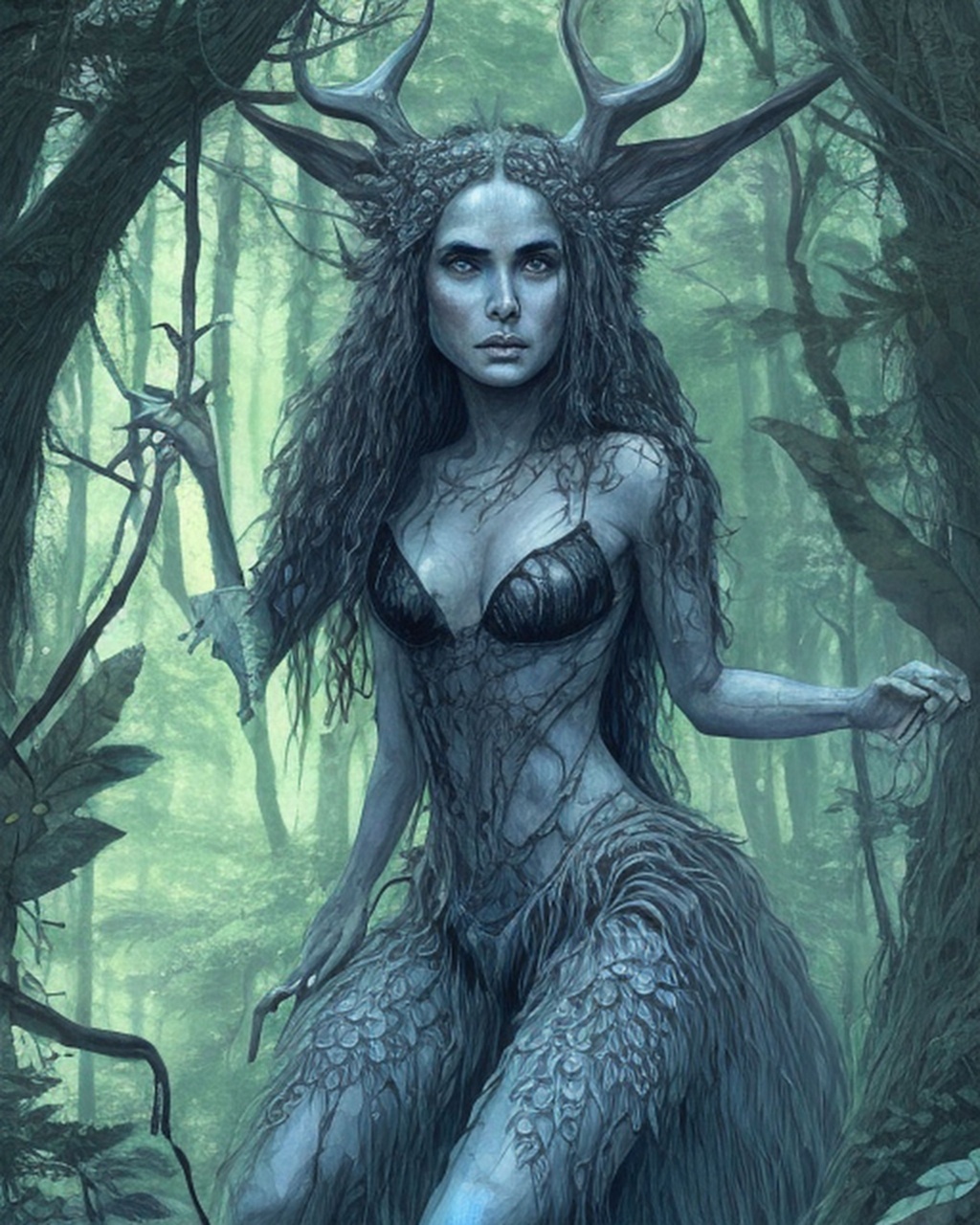 Prompt: a young Demi Moore as a monster girl, dreamlike, in a forest, detailed and intricate environment, beautiful, highly-detailed symmetric face, by Abbott Handerson Thayer and Maurice Sendak and Michael Whelan, illustration, digital painting, brushpen, highly detailed, smooth, sharp focus, HQ, artstation hq