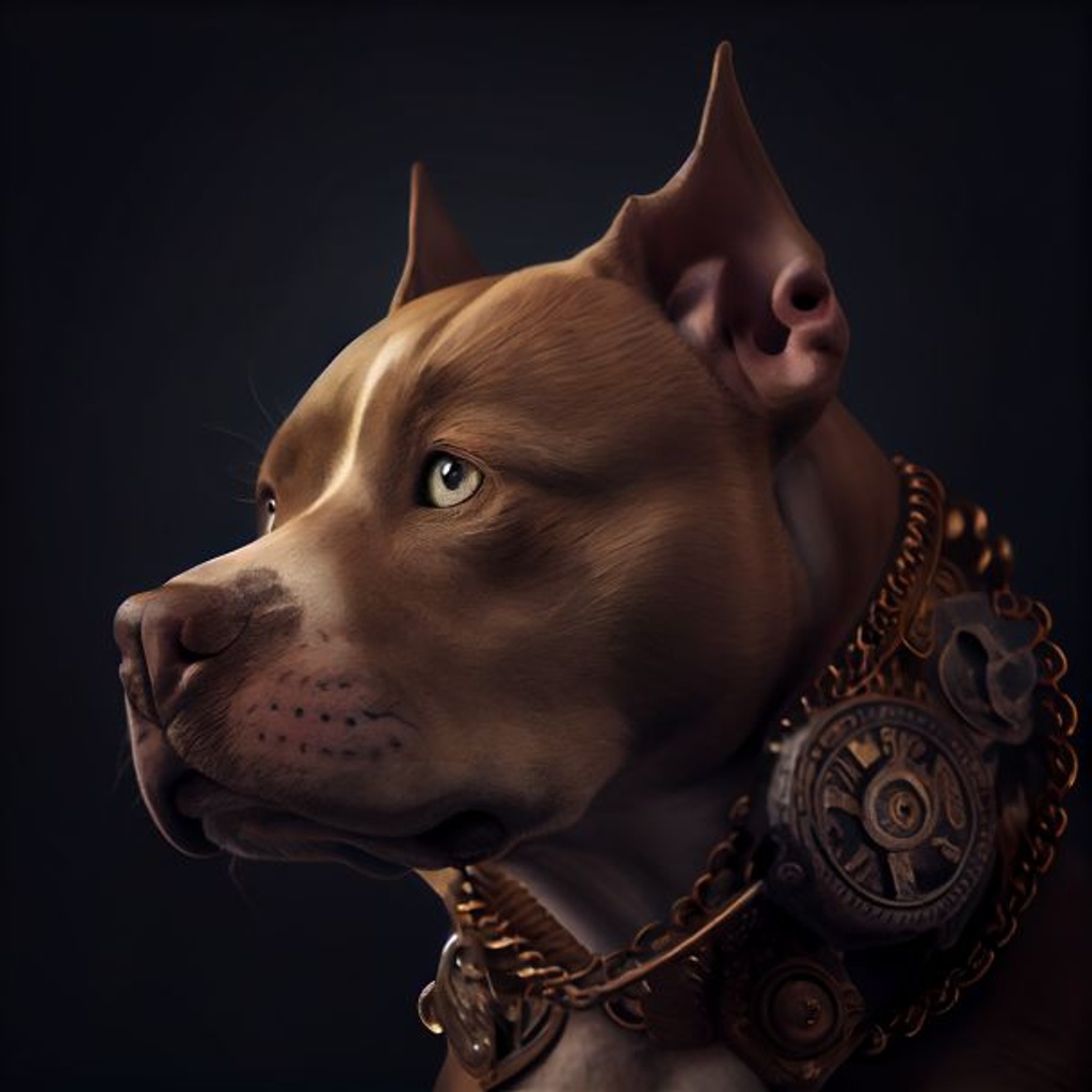 Prompt: beautiful headshot of pitbull made of old bronze pocket watches + gears + clocks, kind eyes, high detailed, high detail, Sony Alpha α7, ISO1900, octane render, 8k, unreal engine, dramatic side angle, volumetic lighting