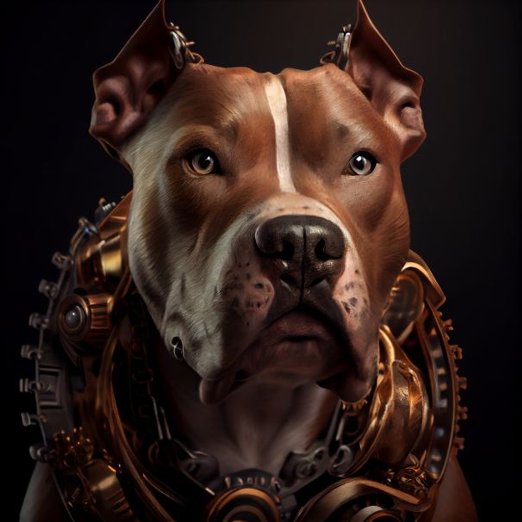 Prompt: beautiful headshot of pitbull made of old bronze pocket watches + gears + clocks, kind eyes, high detailed, high detail, Sony Alpha α7, ISO1900, octane render, 8k, unreal engine, dramatic side angle, volumetic lighting