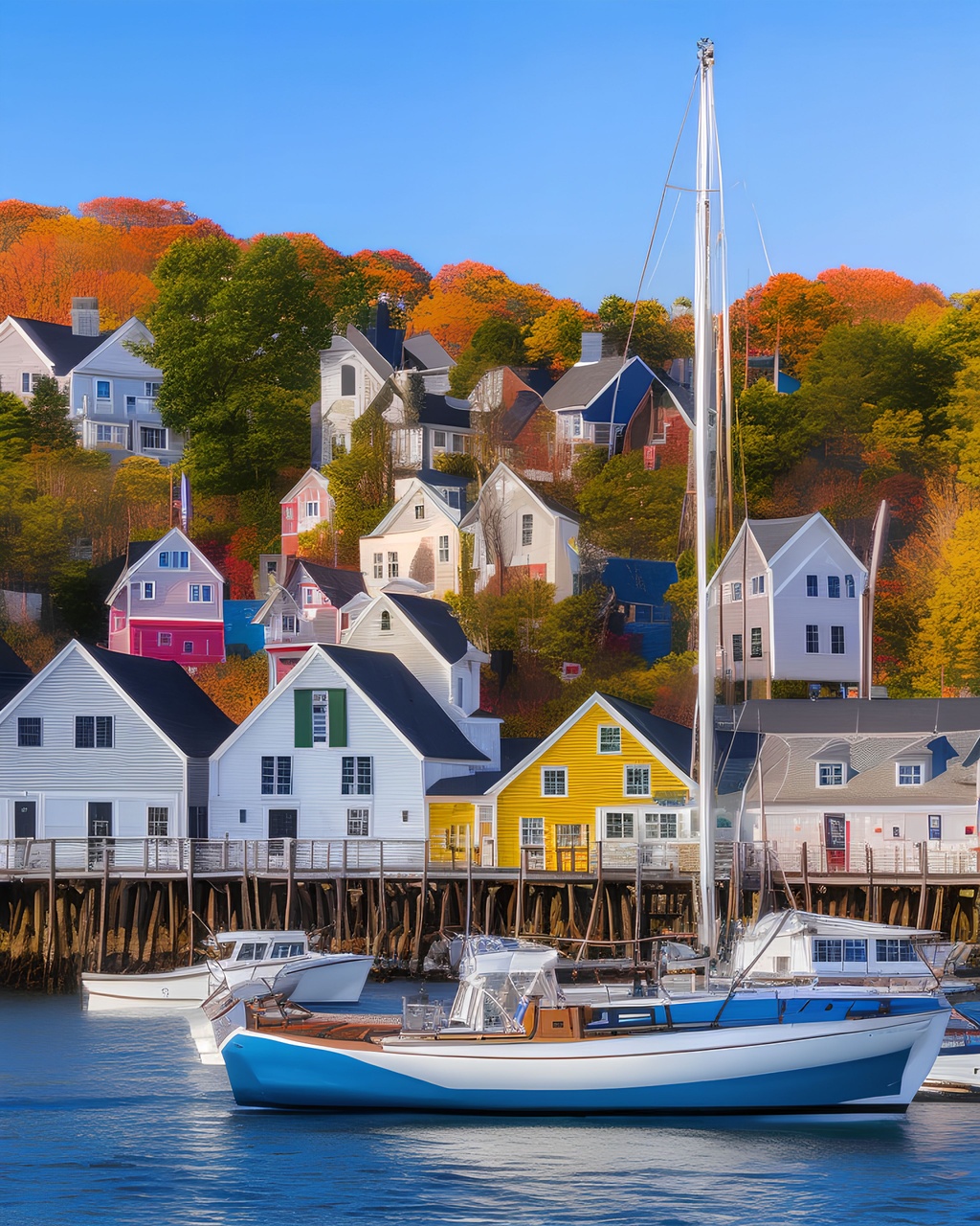 Prompt: Traditional new England harbor town with colorful shingle houses seen from the water, exquisite detail, 4k, 85-mm-lens, sharp-focus, intricately-detailed, long exposure time, f/8, ISO 100, shutter-speed 1/125, award-winning photograph, high-contrast, high-sharpness, depth-of-field, ultra-detailed photography, exploration, national geographic, professional lighting