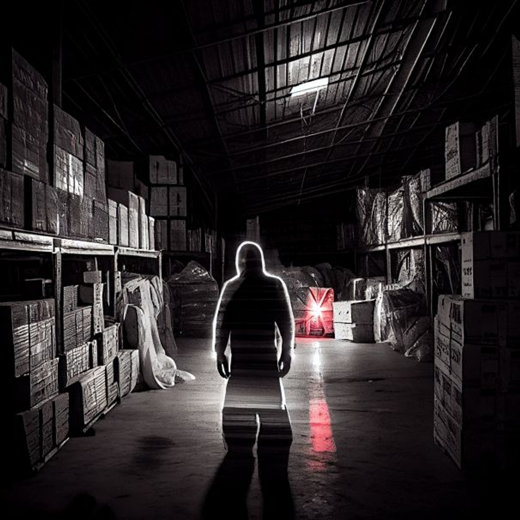 Prompt: amature ghost hunters photograph in a cluttered warehouse + shadowy ghost with glowing red eyes appearing distantly in frame, spooky, low light, night time, dark, background + warehouse, black haze