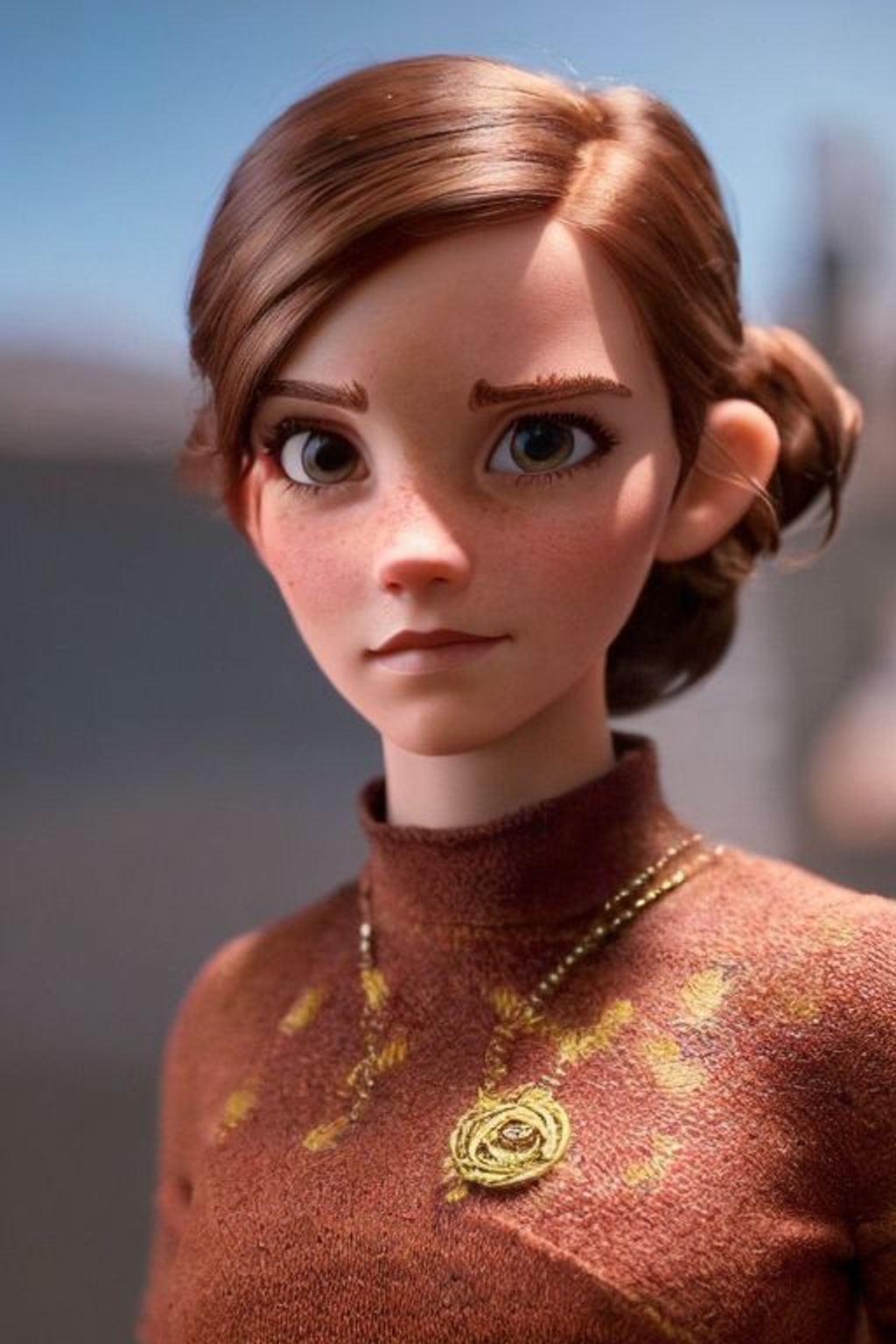 Prompt: pltn style, emma watson with brown hair and freckles, cute big circular reflective eyes, pixar render, unreal engine cinematic smooth, intricate detail