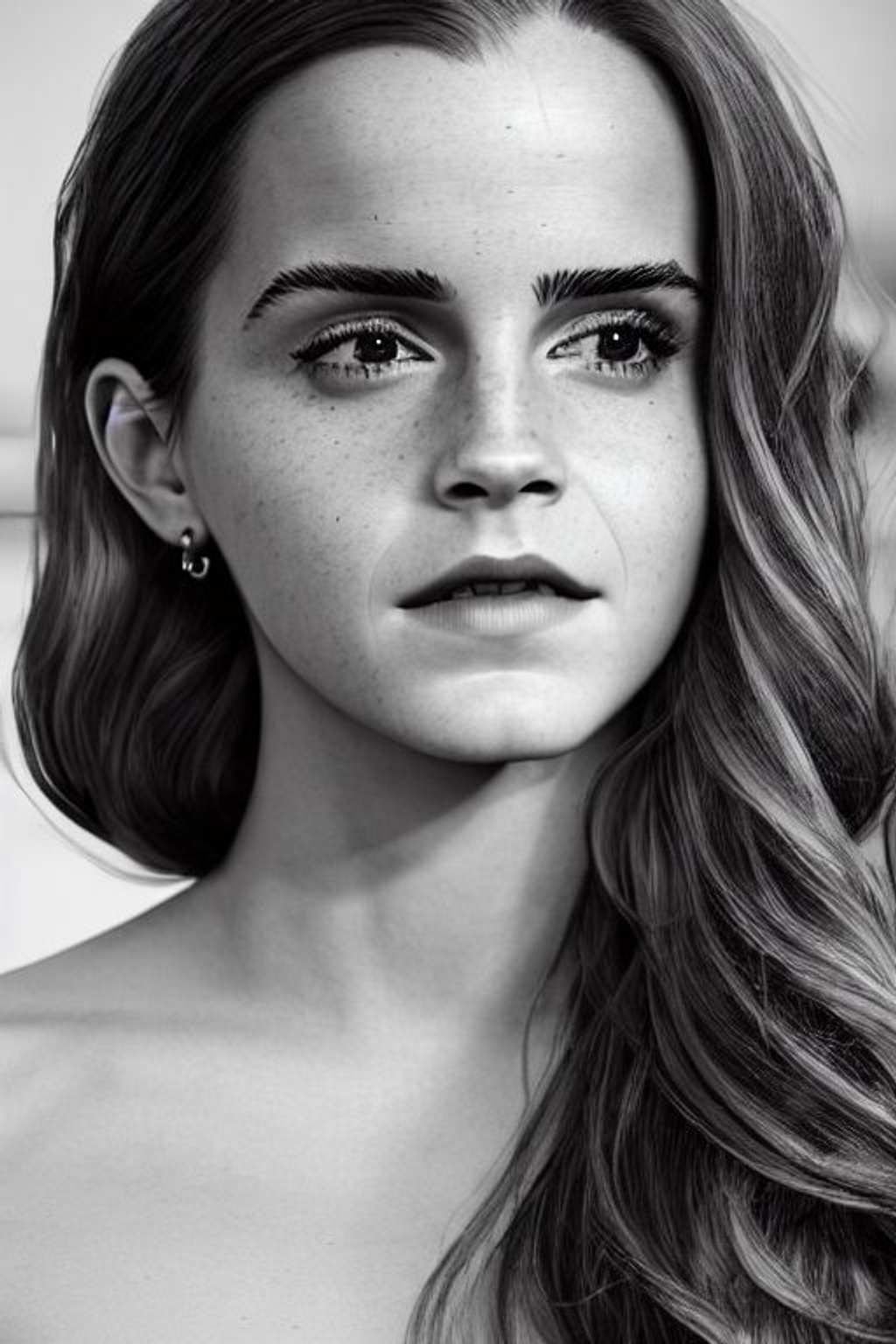 Prompt: emma watson with brown hair, ((detailed face)), black and white still, digital art, perfect composition, beautiful detailed intricate insanely detailed octane render trending on artstation, 8 k artistic photography, photorealistic concept art, soft natural volumetric cinematic perfect light, chiaroscuro, award- winning photograph, masterpiece, oil on canvas, raphael, caravaggio, greg rutkowski