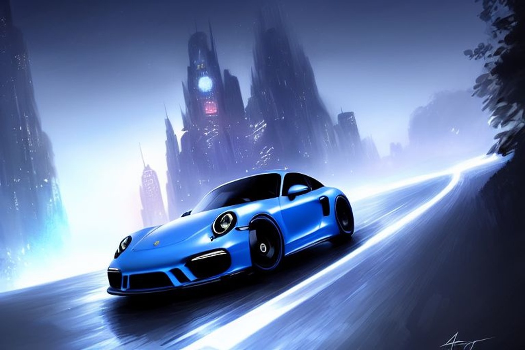 Prompt: a Porsche sports car in motion (((at night))), high speed, ((motion blur)), movie action scene, (((Need for Speed))), wet road, illegal racing game, ((cityscape in background)), ((detailed stunning environment)), (foggy), moody dark atmosphere, ((bright headlights)), neon underground aesthetics, (scifi), cyberpunk, blade runner, cinematic, cover art, (low front angle), full view of a sports car, intricate, highly detailed, digital painting, digital art, artstation, concept art, (((complementary colors))), (((color contrast))), smooth, sharp focus, illustration, affinity photo, [wallpaper], behance, art by artgerm and greg rutkowski and alphonse mucha, 4k, 8k, -- NEGATIVE PROMPT: green paint, orange paint, red paint, deformed, ugly, cropped, out of frame, (((high contrast))), woman, multiple cars