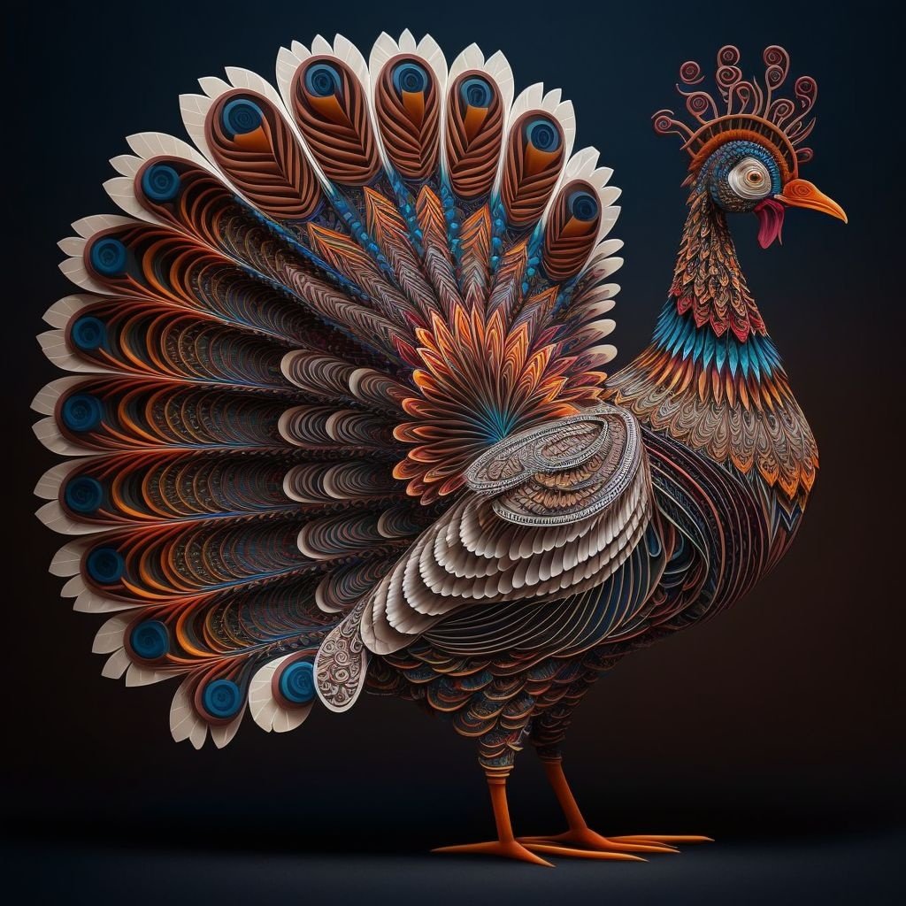 Prompt: a strutting turkey, highly detailed fractal quilling and paper sculpture, 8k --v 4