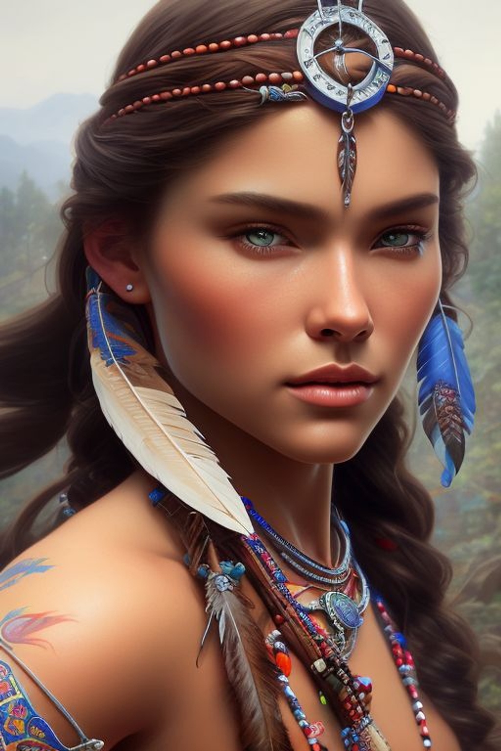 Prompt: mdjrny-v4 style portrait photograph of Madison Beer as Pocahontas, young beautiful native american woman, perfect symmetrical face, indigenes feather jewelry, traditional handmade dress, armed female hunter warrior, (((wild west))) environment, Utah landscape, ultra realistic, concept art, elegant, ((intricate)), ((highly detailed)), depth of field, ((professionally color graded)), soft ambient lighting, dusk, 8k, art by artgerm and greg rutkowski and alphonse mucha, -- NEGATIVE PROMPT: (((backlight))), (((dark face))), white fur, (gold fabric), (gold dress), ((cropped head)), ((out of frame)), ((long neck)), deformed, cripple, ugly, additional arms, additional legs, additional head, two heads, multiple people, group of people