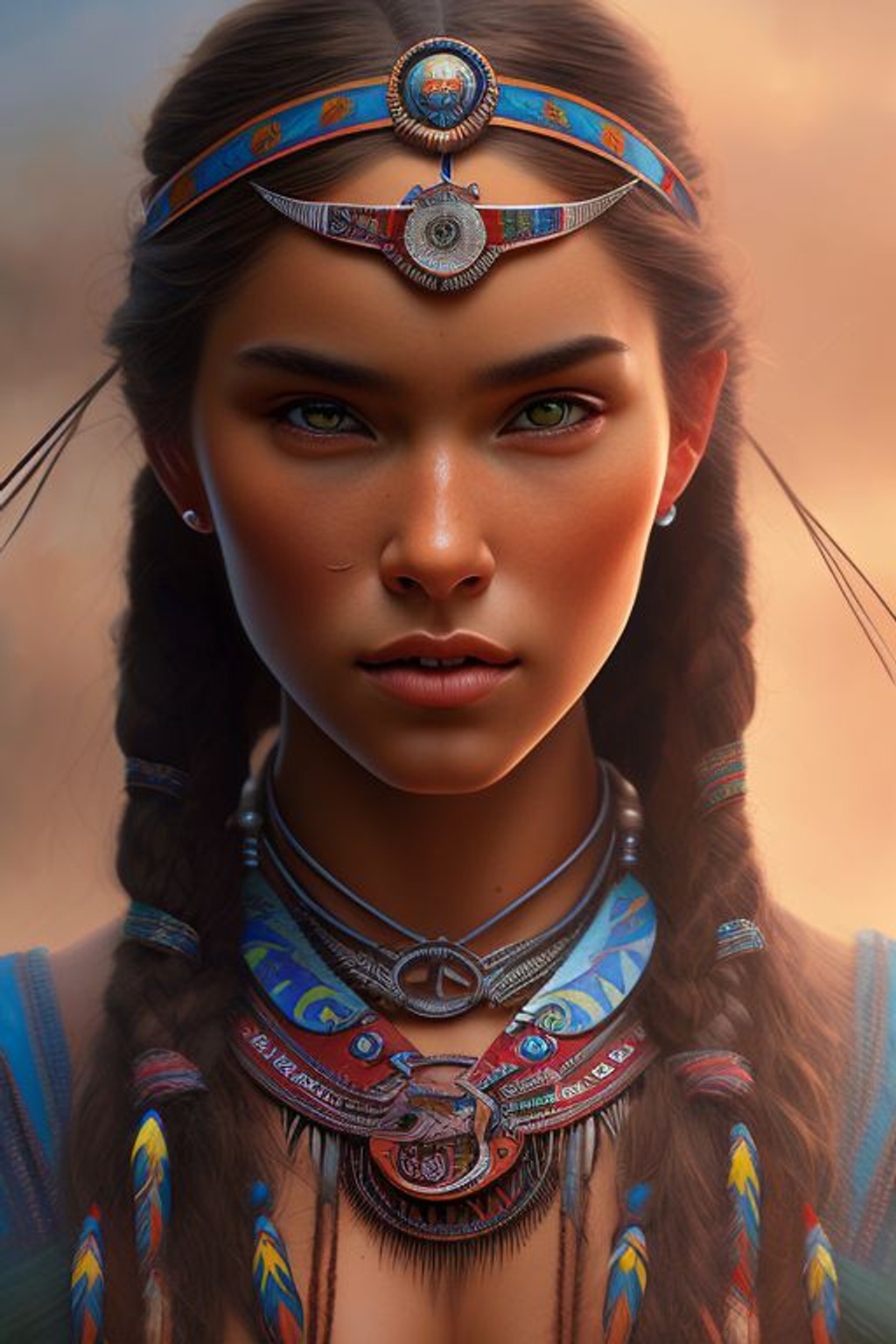 Prompt: mdjrny-v4 style portrait photograph of Madison Beer as Pocahontas, young beautiful native american woman, perfect symmetrical face, indigenes feather jewelry, traditional handmade dress, armed female hunter warrior, (((wild west))) environment, Utah landscape, ultra realistic, concept art, elegant, ((intricate)), ((highly detailed)), depth of field, ((professionally color graded)), soft ambient lighting, dusk, 8k, art by artgerm and greg rutkowski and alphonse mucha, -- NEGATIVE PROMPT: (((backlight))), (((dark face))), white fur, (gold fabric), (gold dress), ((cropped head)), ((out of frame)), ((long neck)), deformed, cripple, ugly, additional arms, additional legs, additional head, two heads, multiple people, group of people