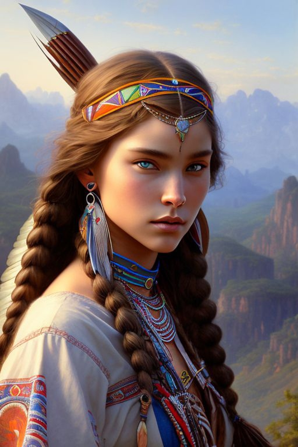 Prompt: mdjrny-v4 style portrait photograph of Madison Beer as Pocahontas, young beautiful native american woman, perfect symmetrical face, indigenes feather jewelry, traditional handmade dress, armed female hunter warrior, (((wild west))) environment, Utah landscape, ultra realistic, concept art, elegant, ((intricate)), ((highly detailed)), depth of field, ((professionally color graded)), soft ambient lighting, dusk, 8k, art by artgerm and greg rutkowski and alphonse mucha, -- NEGATIVE PROMPT: (((backlight))), (((dark face))), white fur, (gold fabric), (gold dress), ((cropped head)), ((out of frame)), ((long neck)), deformed, cripple, ugly, additional arms, additional legs, additional head, two heads, multiple people, group of people