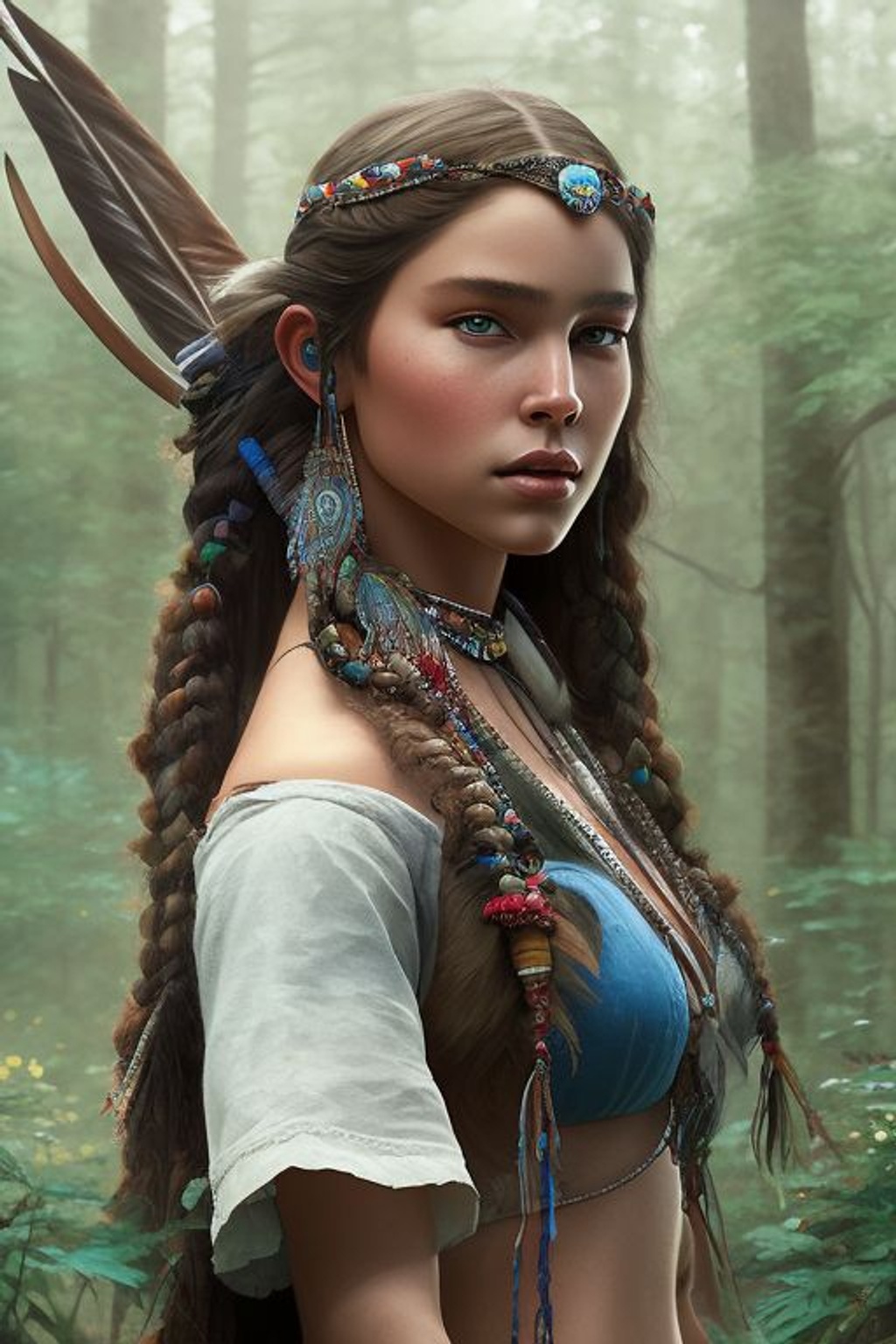 Prompt: mdjrny-v4 style portrait photograph of Madison Beer as Pocahontas, young beautiful native american woman, perfect symmetrical face, indigenes feather jewelry, traditional handmade dress, armed female hunter warrior, (((wild west))) environment, Utah landscape, ultra realistic, concept art, elegant, ((intricate)), ((highly detailed)), depth of field, ((professionally color graded)), soft ambient lighting, dusk, 8k, art by artgerm and greg rutkowski and alphonse mucha, -- NEGATIVE PROMPT: (((backlight))), (((dark face))), white fur, (gold fabric), (gold dress), ((cropped head)), ((out of frame)), ((long neck)), deformed, cripple, ugly, additional arms, additional legs, additional head, two heads, multiple people, group of people