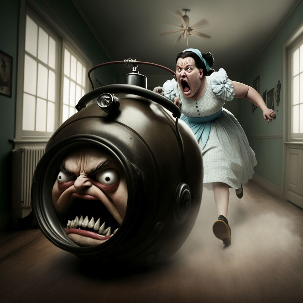 Prompt: angry vacuum cleaner chasing house maid