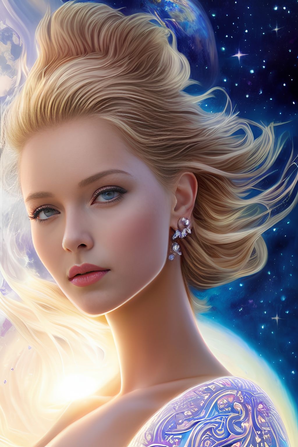 Prompt: ultra realistic photo portrait of Scarlett Leithold cosmic energy, colorful, painting burst, beautiful symmetrical face, nonchalant kind look, realistic round eyes, tone mapped, intricate, elegant, highly detailed, digital painting, artstation, concept art, smooth, sharp focus, illustration, dreamy magical atmosphere, art by artgerm and greg rutkowski and alphonse mucha, 4k, 8k, -- NEGATIVE PROMPT: frame, border, ugly, fat, overweight, (long neck), bad quality, error, blurry, blurred, high contrast, ((dyed hair)), two heads, multiple heads, two faces, multiple faces, multiple people, group of people