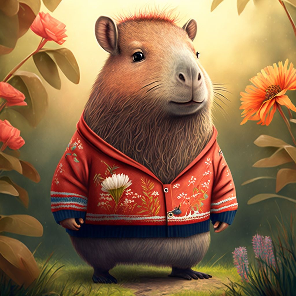 Prompt: portrait of a capybara wearing super cute outfit, character design, children’s book illustration, detailed scene --v 4